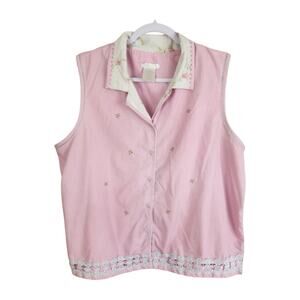 Y2K Pink Gingham Cottage Core PJ Top XL Secret Treasures Embroidery Floral Lace